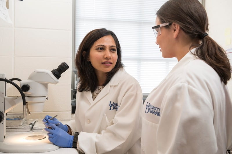 Shaili Patel, CAS14, (left) and Bailey Weatherbee, CAS19, work in Salil Lachke’s lab during the summer of 2019. Patel is a doctoral student at UD, and Weatherbee is now pursuing a doctorate at Cambridge University in England as a Gates Cambridge Scholar.